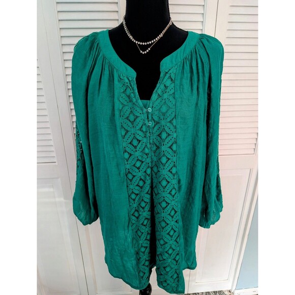 Avenue Peasant Top Womens 22-24 Crochet Lace Tunic Teal Green Boho Vneck Blouse - Picture 1 of 13